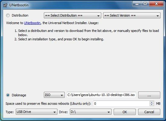 UNetbootin User Interface to select the OS