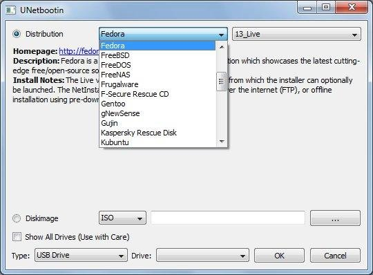 UNetbootin window selecting Fedora for installation to make a bootable USB